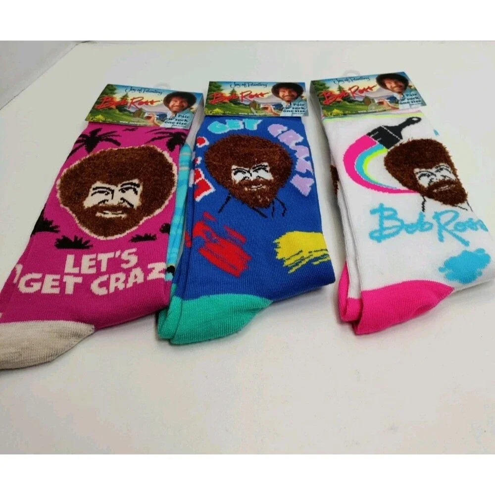 Bob Ross Set Of 3 Pairs Crazy Novelty Socks Happy Little Clouds Adult One Size